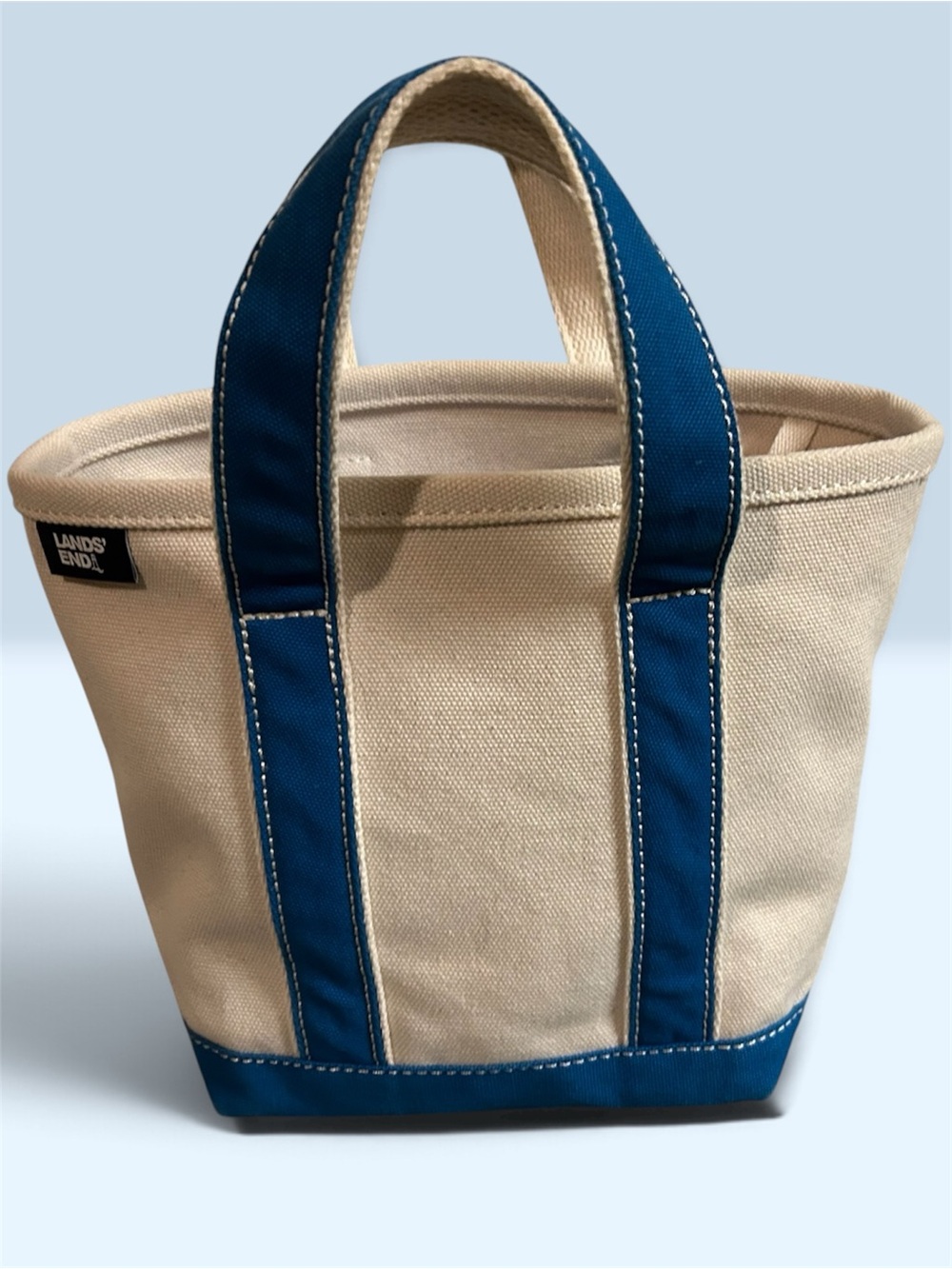 Lands' End Cream Canvas Tote with Blue Handles and Trim